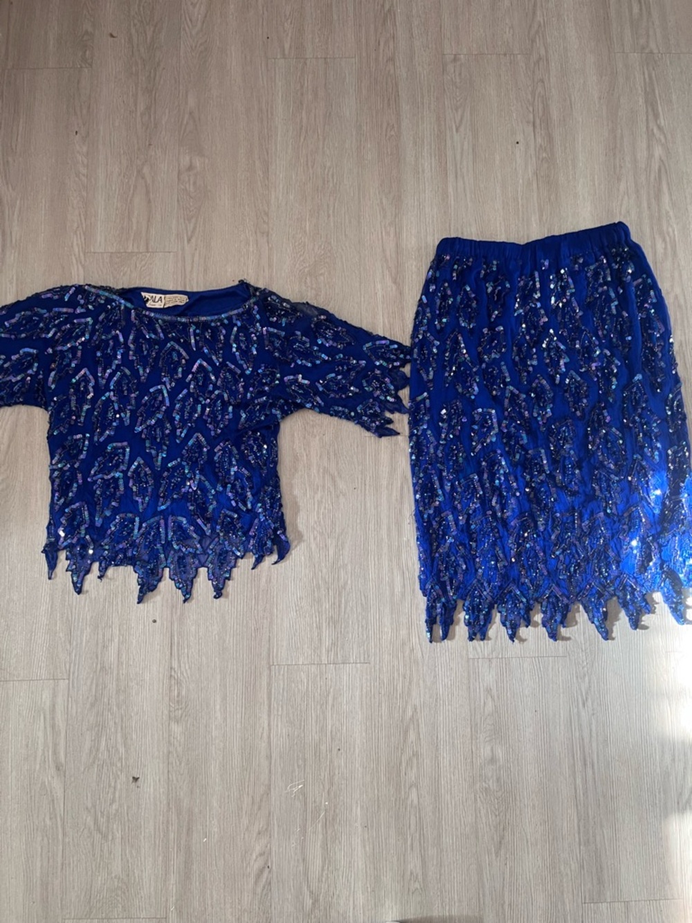 Vintage Scala Blue Silk & Sequin 2 Piece Set Medium